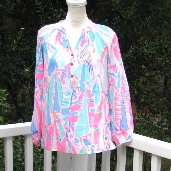 Lilly Pulitzer Elsa Silk long sleeve top Out to See Sailboat XS luxury style - Picture 5 of 8